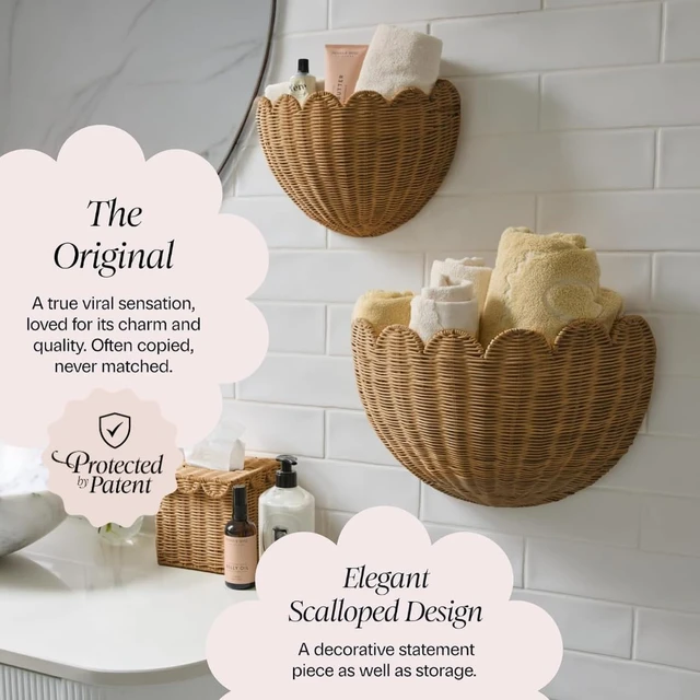 Alt view image 3 of 7 - The Original Scalloped Wicker Wall Basket Set of 2 (16x10x7 In) | Handwoven Scalloped Wall Baskets, Rattan Wall Hanging Baskets, Wall Storage Basket for Nursery, Living Room, Mocca