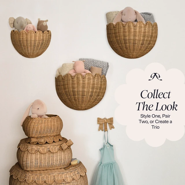 Alt view image 4 of 7 - The Original Scalloped Wicker Wall Basket Set of 2 (16x10x7 In) | Handwoven Scalloped Wall Baskets, Rattan Wall Hanging Baskets, Wall Storage Basket for Nursery, Living Room, Mocca