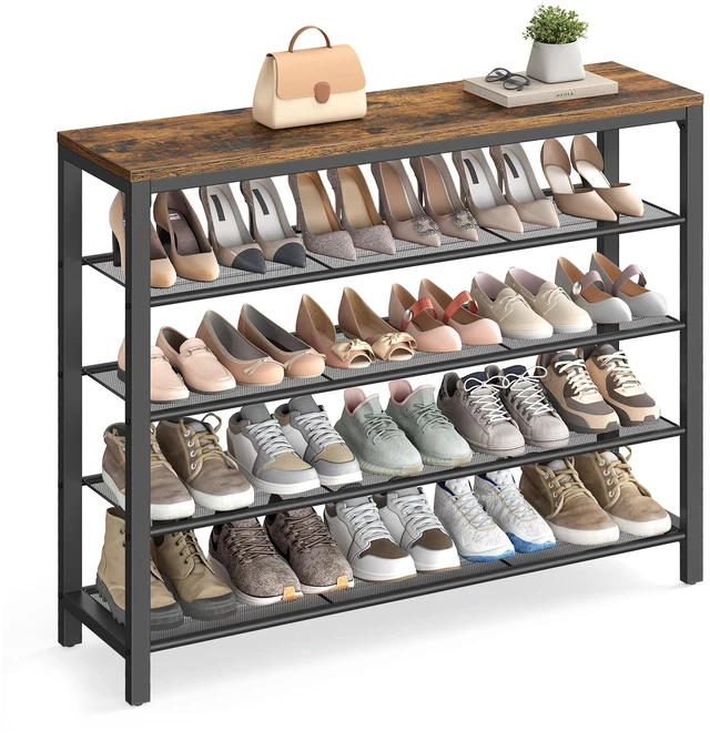 Main image of 5-Tier Shoe Rack, 16-20 Pairs, Metal Mesh | Shoe Storage Organizer for Entryway Hallway Closet, Large Surface for Bags, Industrial, Rustic Brown and Black, ULBS15BX