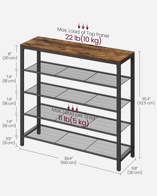 Alt view image 4 of 5 - 5-Tier Shoe Rack, 16-20 Pairs, Metal Mesh | Shoe Storage Organizer for Entryway Hallway Closet, Large Surface for Bags, Industrial, Rustic Brown and Black, ULBS15BX