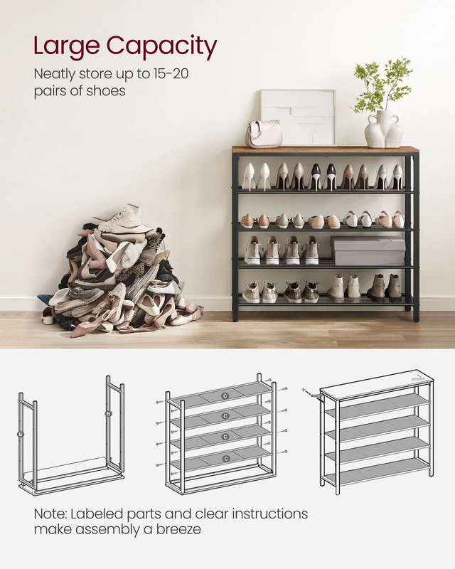 Alt view image 3 of 5 - 5-Tier Shoe Rack, 16-20 Pairs, Metal Mesh | Shoe Storage Organizer for Entryway Hallway Closet, Large Surface for Bags, Industrial, Rustic Brown and Black, ULBS15BX