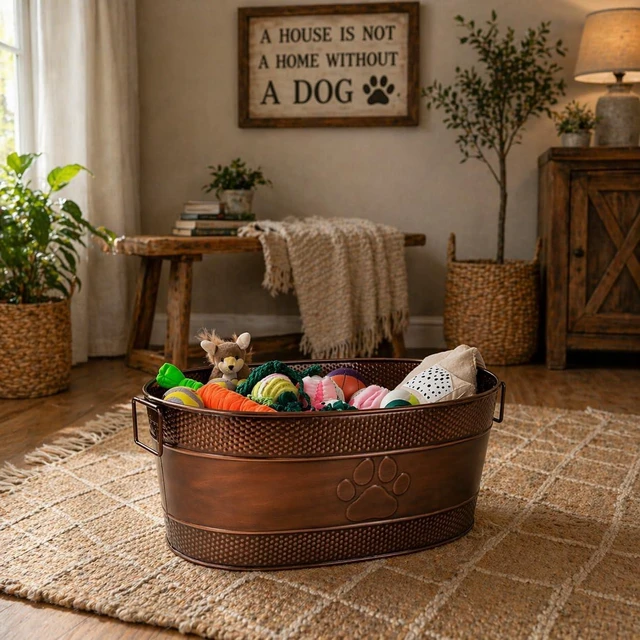 Alt view image 5 of 7 - Copper Metal Dog Toy Storage Bin, Indestructible, Large | Toy Box, Blanket & Leash Organization Handles