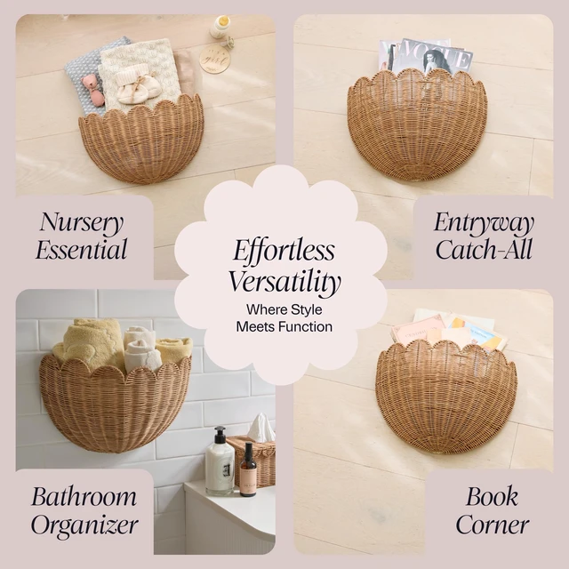Alt view image 6 of 7 - The Original Scalloped Wicker Wall Basket Set of 2 (16x10x7 In) | Handwoven Scalloped Wall Baskets, Rattan Wall Hanging Baskets, Wall Storage Basket for Nursery, Living Room, Mocca