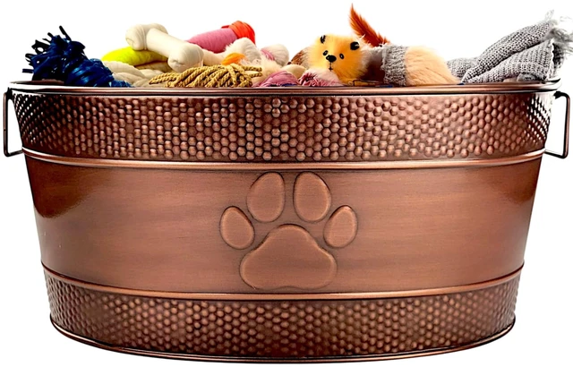 Main image of Copper Metal Dog Toy Storage Bin, Indestructible, Large | Toy Box, Blanket & Leash Organization Handles