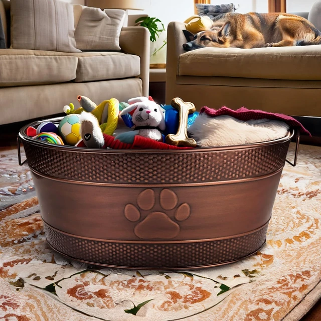 Alt view image 6 of 7 - Copper Metal Dog Toy Storage Bin, Indestructible, Large | Toy Box, Blanket & Leash Organization Handles