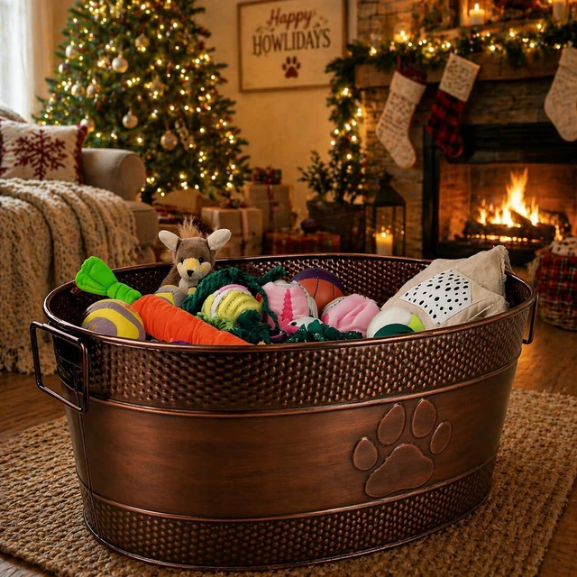 Alt view image 3 of 7 - Copper Metal Dog Toy Storage Bin, Indestructible, Large | Toy Box, Blanket & Leash Organization Handles