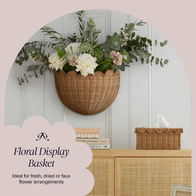Alt view image 7 of 7 - The Original Scalloped Wicker Wall Basket Set of 2 (16x10x7 In) | Handwoven Scalloped Wall Baskets, Rattan Wall Hanging Baskets, Wall Storage Basket for Nursery, Living Room, Mocca