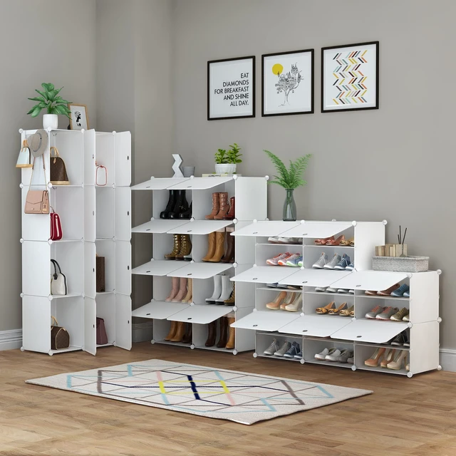 Alt view image 3 of 7 - Shoe Rack Organizer 32 Pair Modular Shoe Storage Cabinet for Closet | PP Plastic, Sturdy Steel Frame, Waterproof, Dustproof, Easy Clean, Shoe Shelves for Closet Garage Hallway Bedroom Entryway
