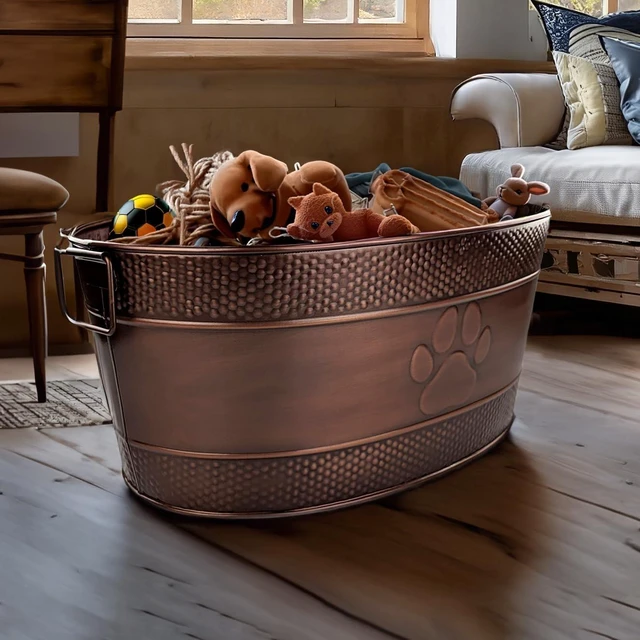 Alt view image 7 of 7 - Copper Metal Dog Toy Storage Bin, Indestructible, Large | Toy Box, Blanket & Leash Organization Handles