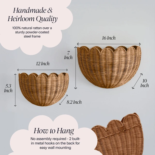 Alt view image 5 of 7 - The Original Scalloped Wicker Wall Basket Set of 2 (16x10x7 In) | Handwoven Scalloped Wall Baskets, Rattan Wall Hanging Baskets, Wall Storage Basket for Nursery, Living Room, Mocca