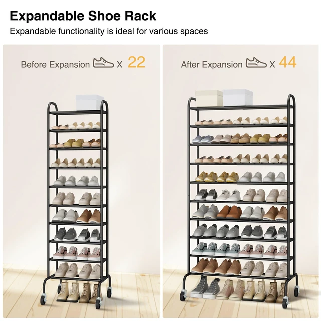 Alt view image 2 of 6 - Expandable Shoe Rack, 10-Tier Metal Tall Shoe Rack for Garage, Up to 44 Pairs Adjustable Shoe Rack Storage for Front Door Entrance, Free Standing Shoe Rack Organizer for Entryway, Black