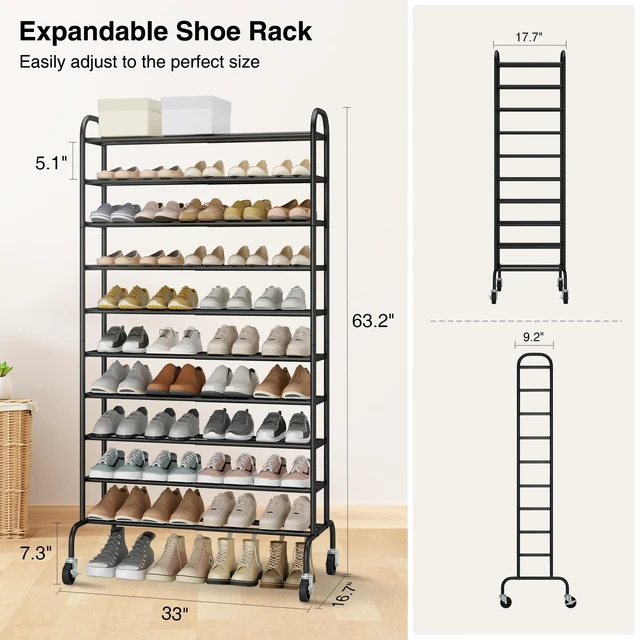 Alt view image 3 of 6 - Expandable Shoe Rack, 10-Tier Metal Tall Shoe Rack for Garage, Up to 44 Pairs Adjustable Shoe Rack Storage for Front Door Entrance, Free Standing Shoe Rack Organizer for Entryway, Black