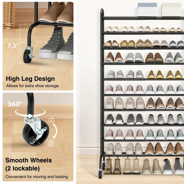 Alt view image 5 of 6 - Expandable Shoe Rack, 10-Tier Metal Tall Shoe Rack for Garage, Up to 44 Pairs Adjustable Shoe Rack Storage for Front Door Entrance, Free Standing Shoe Rack Organizer for Entryway, Black