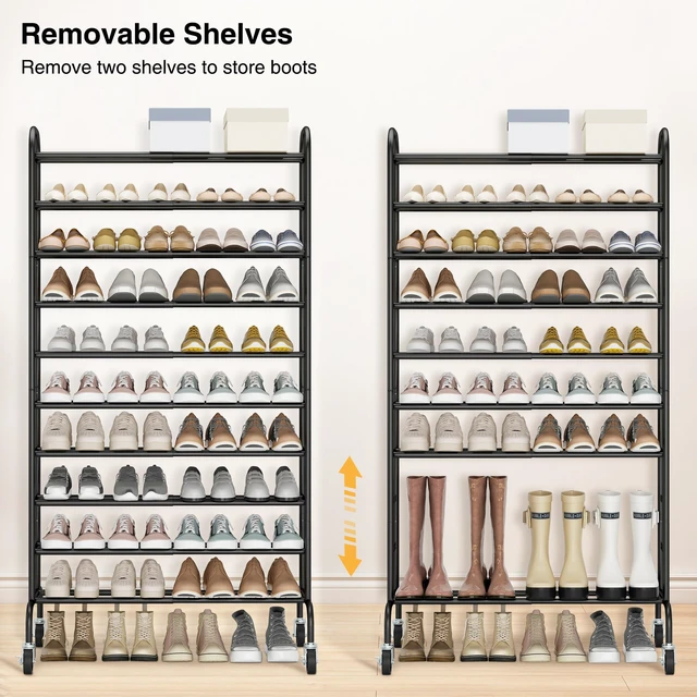 Alt view image 4 of 6 - Expandable Shoe Rack, 10-Tier Metal Tall Shoe Rack for Garage, Up to 44 Pairs Adjustable Shoe Rack Storage for Front Door Entrance, Free Standing Shoe Rack Organizer for Entryway, Black