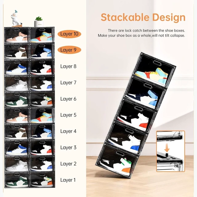 Alt view image 6 of 7 - New 8 Pack Shoe Boxes Stackable, Large Shoe Storage Organizer with Lids,Drop Side Shoe Containers for Entryway,Sneaker Storage Fit up to US Size 13 for Men/Women(13x 10.6x 8.3)