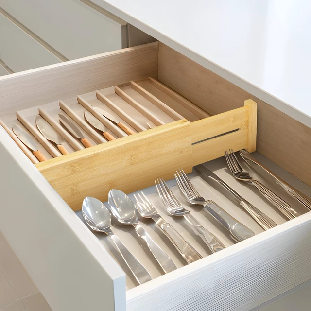 Alt view image 6 of 7 - 6 Pack Bamboo Drawer Dividers, 4" High Adjustable 16.6" - 21.8" Clothes Drawer Organizers, Expandable Separators for Bedroom/Bathroom/Kitchen/Office Storage