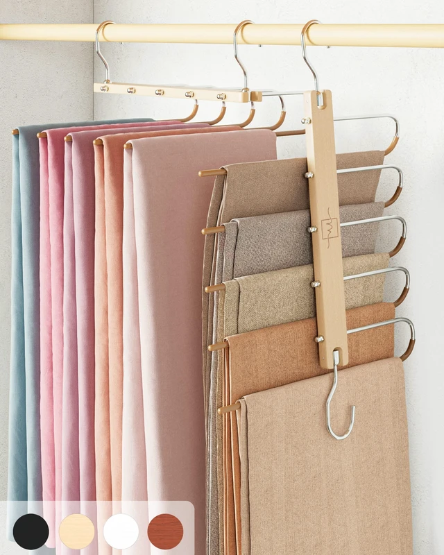 Main image of Pants Hangers Space Saving - 4 Pack European Beechwood Scarf and Jean Hangers - Closet Organizer and Space Saver Pant Rack, Leggings Hanger, and Scarf Holder with 360° Swivel Hook