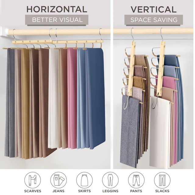 Alt view image 4 of 5 - Pants Hangers Space Saving - 4 Pack European Beechwood Scarf and Jean Hangers - Closet Organizer and Space Saver Pant Rack, Leggings Hanger, and Scarf Holder with 360° Swivel Hook