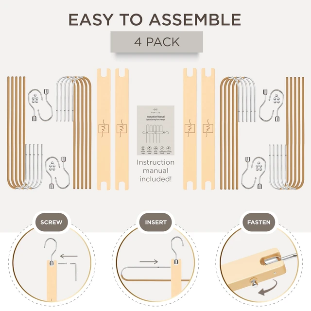 Alt view image 5 of 5 - Pants Hangers Space Saving - 4 Pack European Beechwood Scarf and Jean Hangers - Closet Organizer and Space Saver Pant Rack, Leggings Hanger, and Scarf Holder with 360° Swivel Hook