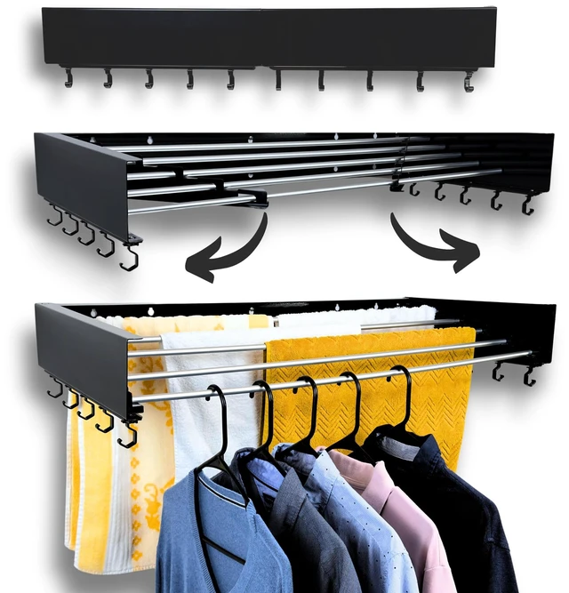 Main image of Foldable Wall Mounted Drying Rack - 31.5 Wide, 13.2 Ft Drying Space, 5 Aluminum Rods, Supports Up to 60 lbs - Retractable & Foldable Space-Saving Wall Mounted Clothes Drying Rack (Black)