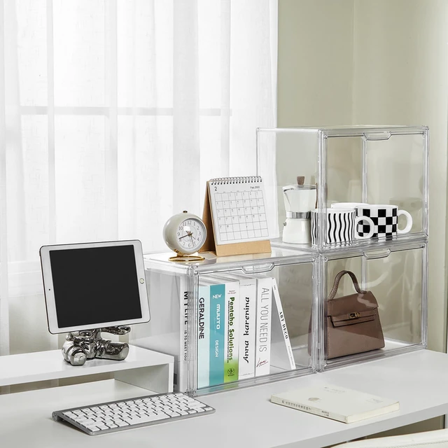 Alt view image 5 of 6 - Acrylic Box Display Case, 5-Pack XL Stackable Storage Bins with Lid | Stackable Storage Bin X-Large 5 Pack, Clear Acrylic Display Case With Magnetic Lid, Dustproof Showcase for Figures Cosmetics