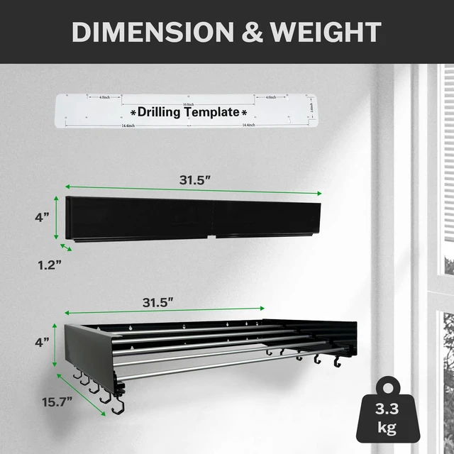 Alt view image 2 of 7 - Foldable Wall Mounted Drying Rack - 31.5 Wide, 13.2 Ft Drying Space, 5 Aluminum Rods, Supports Up to 60 lbs - Retractable & Foldable Space-Saving Wall Mounted Clothes Drying Rack (Black)