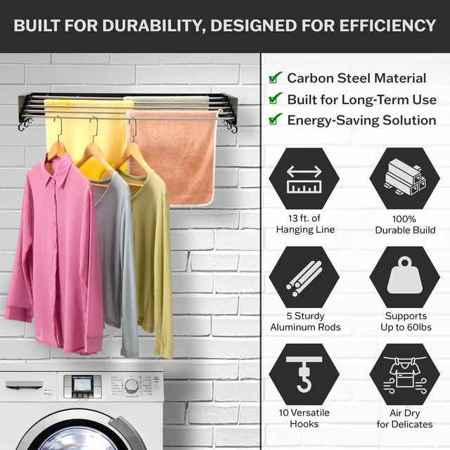 Alt view image 3 of 7 - Foldable Wall Mounted Drying Rack - 31.5 Wide, 13.2 Ft Drying Space, 5 Aluminum Rods, Supports Up to 60 lbs - Retractable & Foldable Space-Saving Wall Mounted Clothes Drying Rack (Black)