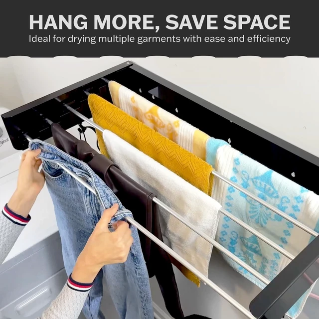 Alt view image 4 of 7 - Foldable Wall Mounted Drying Rack - 31.5 Wide, 13.2 Ft Drying Space, 5 Aluminum Rods, Supports Up to 60 lbs - Retractable & Foldable Space-Saving Wall Mounted Clothes Drying Rack (Black)