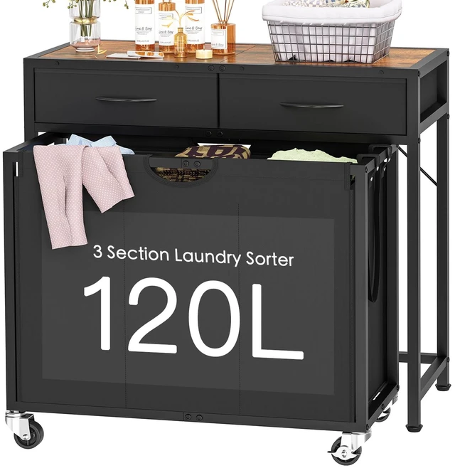 Main image of Laundry Sorter, Rolling Laundry Hamper with 3 Section Pull-Out Bags, Laundry Basket Organizer with 2 Drawers & 2-Tone Top Panel, Laundry Hamper with Wheels for Laundry Room Organization, Bathroom