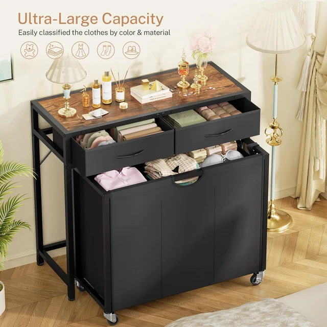 Alt view image 2 of 7 - Laundry Sorter, Rolling Laundry Hamper with 3 Section Pull-Out Bags, Laundry Basket Organizer with 2 Drawers & 2-Tone Top Panel, Laundry Hamper with Wheels for Laundry Room Organization, Bathroom