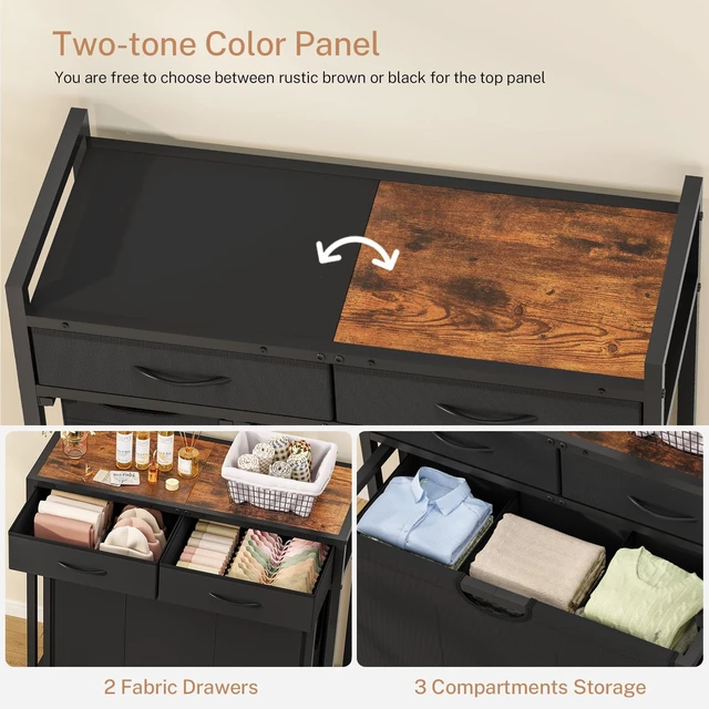 Alt view image 4 of 7 - Laundry Sorter, Rolling Laundry Hamper with 3 Section Pull-Out Bags, Laundry Basket Organizer with 2 Drawers & 2-Tone Top Panel, Laundry Hamper with Wheels for Laundry Room Organization, Bathroom