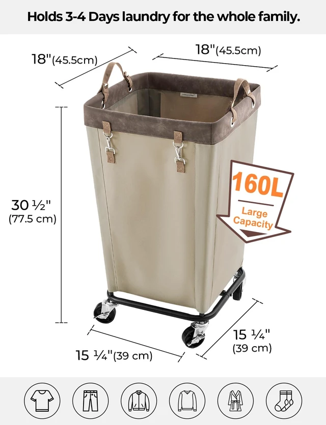 Alt view image 2 of 7 - 160L Laundry Basket with Wheels, Rolling Hampers for Clothing | Light Kahki Laundry Basket with Wheels, Metal Frame & Handles, Rolling Hamper for Bedroom, Bathroom, Dorm, Hotel