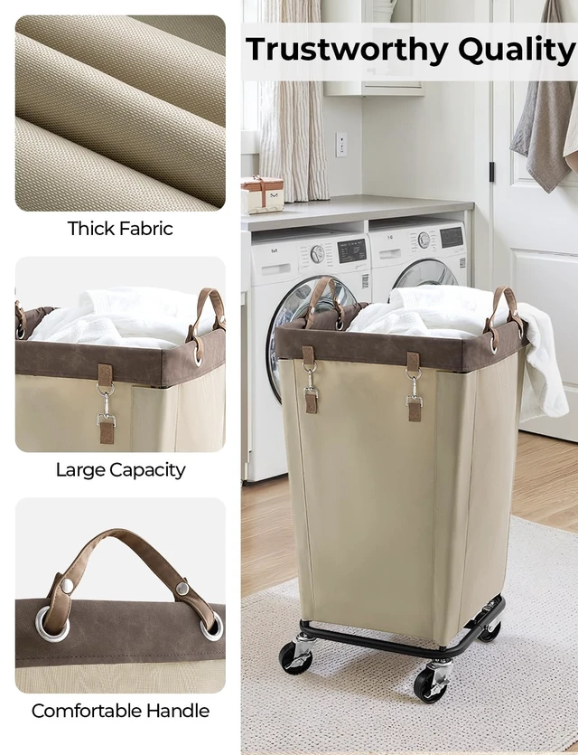 Alt view image 3 of 7 - 160L Laundry Basket with Wheels, Rolling Hampers for Clothing | Light Kahki Laundry Basket with Wheels, Metal Frame & Handles, Rolling Hamper for Bedroom, Bathroom, Dorm, Hotel