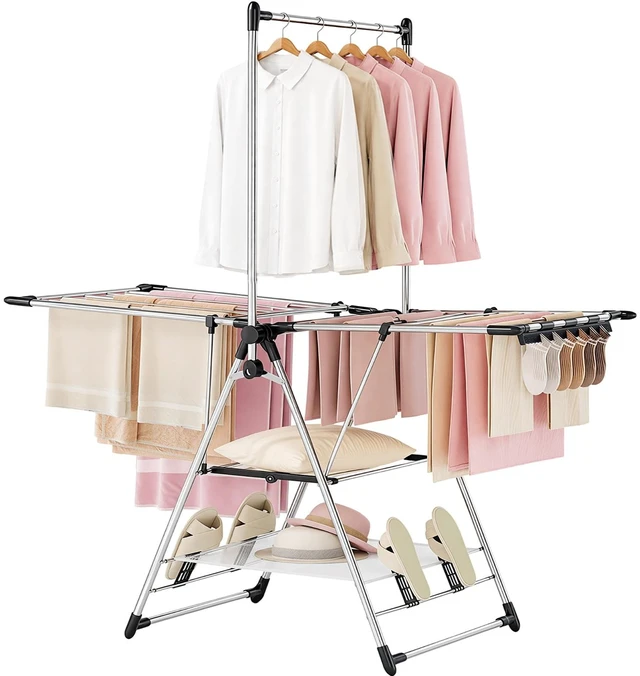 Main image of Clothes Drying Rack with High Hanger, 3-Level Drying Racks | Foldable Laundry Stand with Adjustable Wings,Shoe Rack, Crossbar, Silver