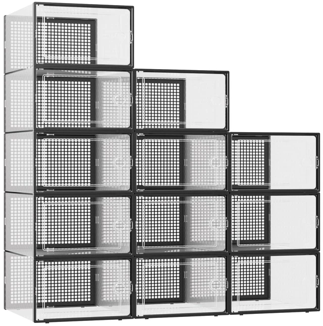 Main image of XXX-Large Shoe Storage Boxes 12 Pack, Clear Stackable Shoe Organizer | Drop-Front Space-Saving Shoe Cases for Closet, Entryway & Under-Bed Storage, Family Organizer,Black
