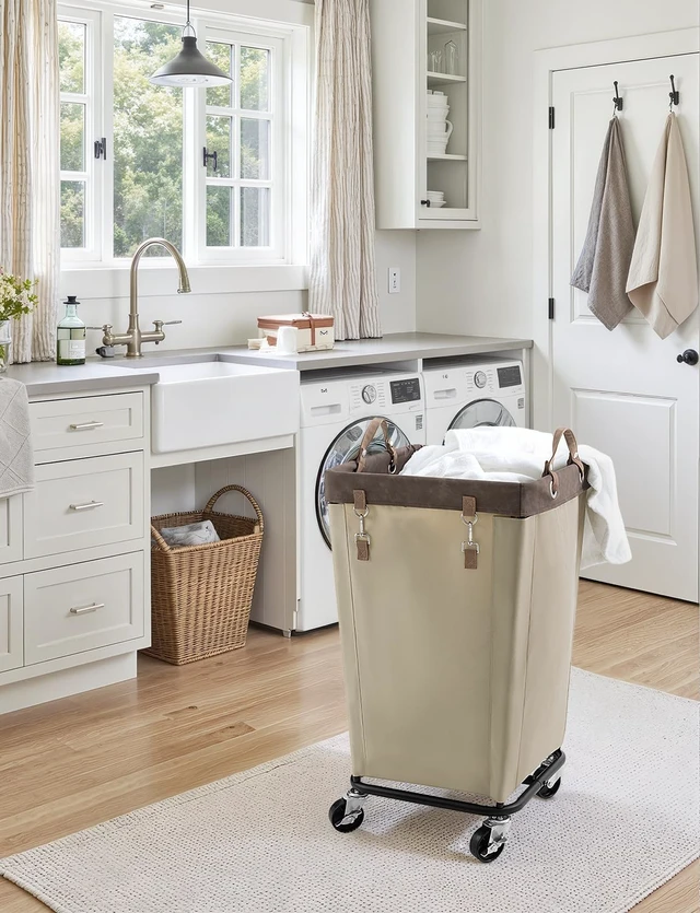Alt view image 6 of 7 - 160L Laundry Basket with Wheels, Rolling Hampers for Clothing | Light Kahki Laundry Basket with Wheels, Metal Frame & Handles, Rolling Hamper for Bedroom, Bathroom, Dorm, Hotel