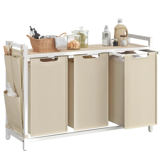 Main image of Laundry Hamper with Shelf, 3 Pull-Out Bags, 3 x 10.6 Gallons (40 L) | Laundry Basket, Laundry Sorter 3 Section, Metal Frame, Cappuccino Beige and Natural Beige, BRENTA Collection UBLH301LH66