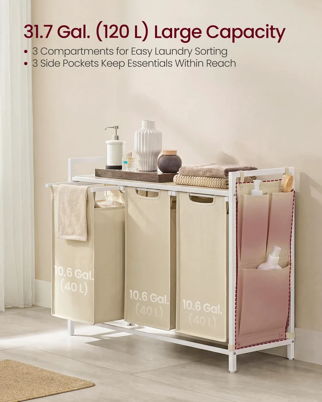 Alt view image 2 of 6 - Laundry Hamper with Shelf, 3 Pull-Out Bags, 3 x 10.6 Gallons (40 L) | Laundry Basket, Laundry Sorter 3 Section, Metal Frame, Cappuccino Beige and Natural Beige, BRENTA Collection UBLH301LH66
