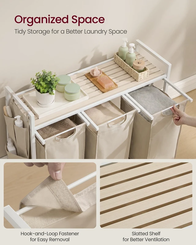 Alt view image 3 of 6 - Laundry Hamper with Shelf, 3 Pull-Out Bags, 3 x 10.6 Gallons (40 L) | Laundry Basket, Laundry Sorter 3 Section, Metal Frame, Cappuccino Beige and Natural Beige, BRENTA Collection UBLH301LH66
