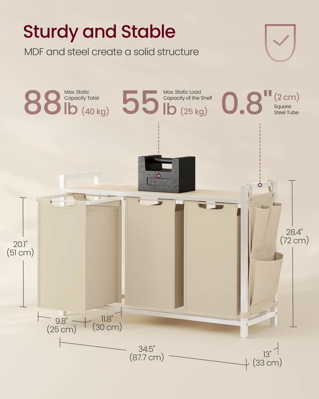 Alt view image 5 of 6 - Laundry Hamper with Shelf, 3 Pull-Out Bags, 3 x 10.6 Gallons (40 L) | Laundry Basket, Laundry Sorter 3 Section, Metal Frame, Cappuccino Beige and Natural Beige, BRENTA Collection UBLH301LH66