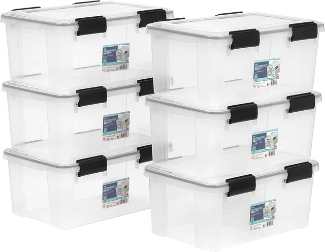 Main image of 6-Pack 19 Qt Storage Bins with Gasket Lids, Clear/Black | WeatherPro seal protects shoes, crafts, documents and supplies from dust and moisture