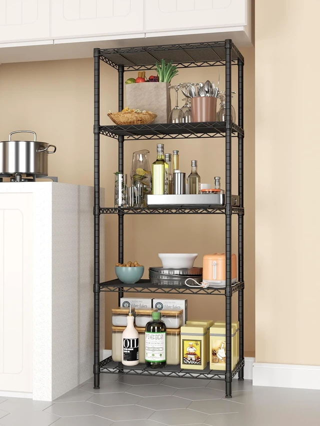Alt view image 2 of 7 - 5 Metal Shelves Wire Shelving Storage Shelf Adjustable Unit Pantry | 5 Tier Kitchen Laundry Room Organization Home Pantry Closet Bathroom Organizers Garage Rack 14" D x 24" W x 59.5" H Black