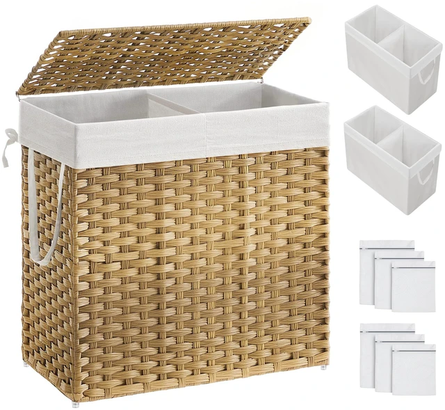 Main image of Laundry Hamper with Lid, 130L Double Wicker Basket, 6 Mesh Bags | Clothes Hamper, 2 Removable Liner Bags, 26 x 13 x 23.6 Inches, Natural, ELIOTT Collection ULCB253N01