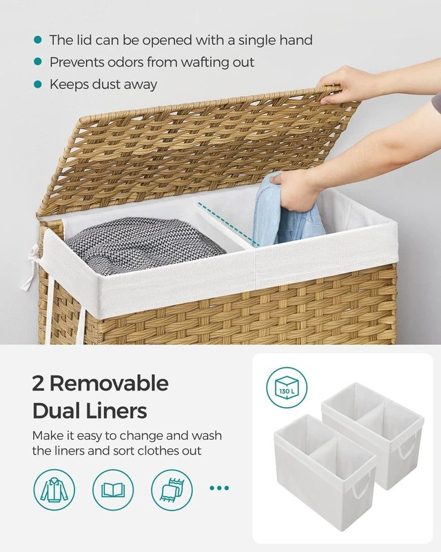 Alt view image 2 of 7 - Laundry Hamper with Lid, 130L Double Wicker Basket, 6 Mesh Bags | Clothes Hamper, 2 Removable Liner Bags, 26 x 13 x 23.6 Inches, Natural, ELIOTT Collection ULCB253N01