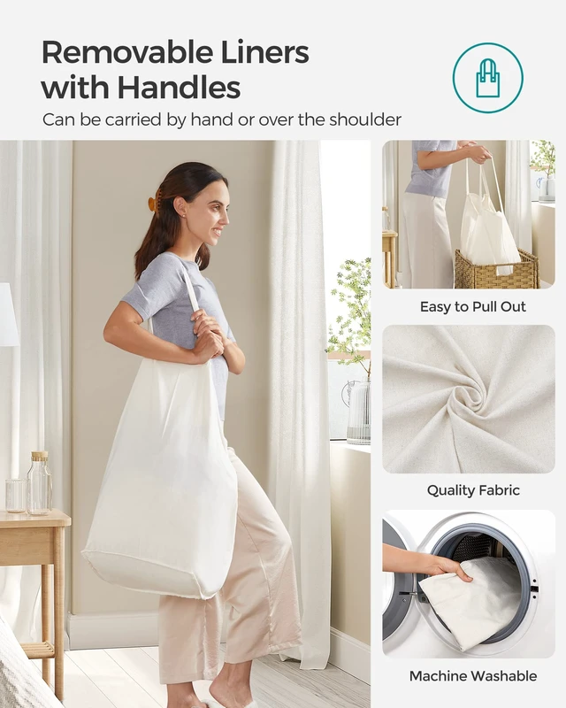 Alt view image 3 of 7 - Laundry Hamper with Lid, 130L Double Wicker Basket, 6 Mesh Bags | Clothes Hamper, 2 Removable Liner Bags, 26 x 13 x 23.6 Inches, Natural, ELIOTT Collection ULCB253N01