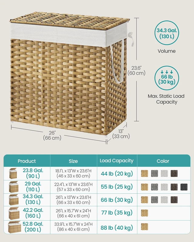 Alt view image 5 of 7 - Laundry Hamper with Lid, 130L Double Wicker Basket, 6 Mesh Bags | Clothes Hamper, 2 Removable Liner Bags, 26 x 13 x 23.6 Inches, Natural, ELIOTT Collection ULCB253N01
