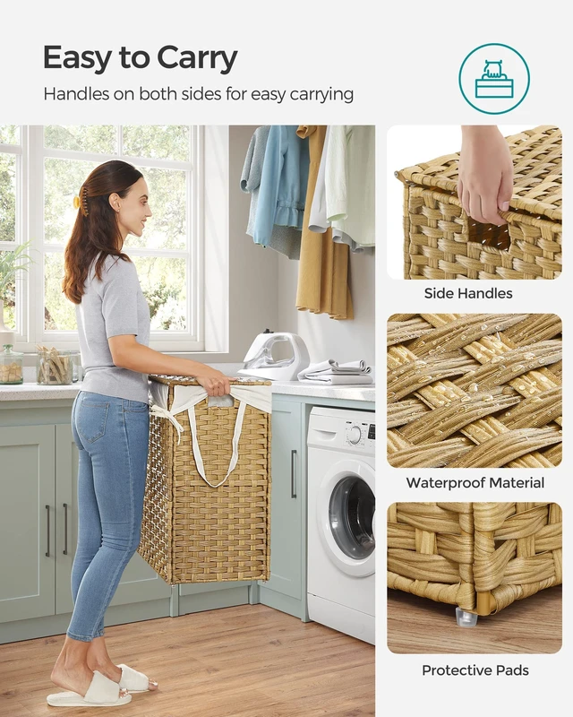 Alt view image 6 of 7 - Laundry Hamper with Lid, 130L Double Wicker Basket, 6 Mesh Bags | Clothes Hamper, 2 Removable Liner Bags, 26 x 13 x 23.6 Inches, Natural, ELIOTT Collection ULCB253N01