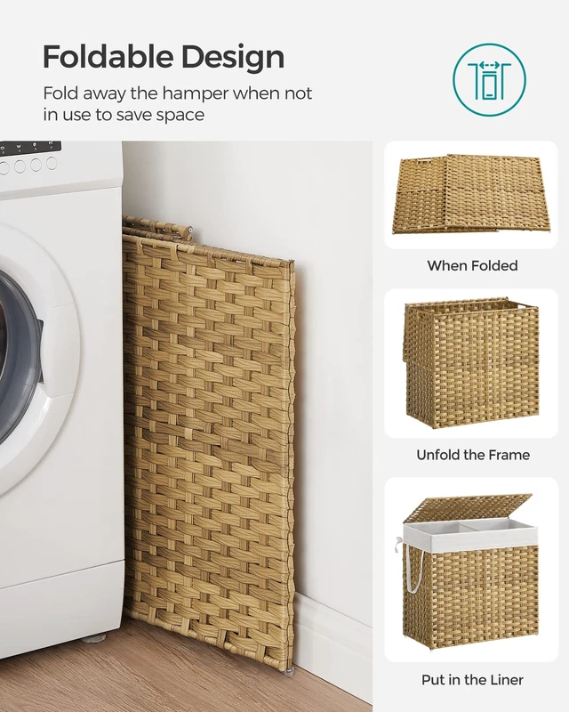 Alt view image 7 of 7 - Laundry Hamper with Lid, 130L Double Wicker Basket, 6 Mesh Bags | Clothes Hamper, 2 Removable Liner Bags, 26 x 13 x 23.6 Inches, Natural, ELIOTT Collection ULCB253N01