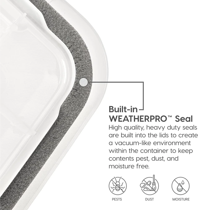 Alt view image 5 of 7 - 6-Pack 19 Qt Storage Bins with Gasket Lids, Clear/Black | WeatherPro seal protects shoes, crafts, documents and supplies from dust and moisture