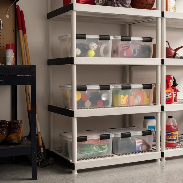 Alt view image 6 of 7 - 6-Pack 19 Qt Storage Bins with Gasket Lids, Clear/Black | WeatherPro seal protects shoes, crafts, documents and supplies from dust and moisture